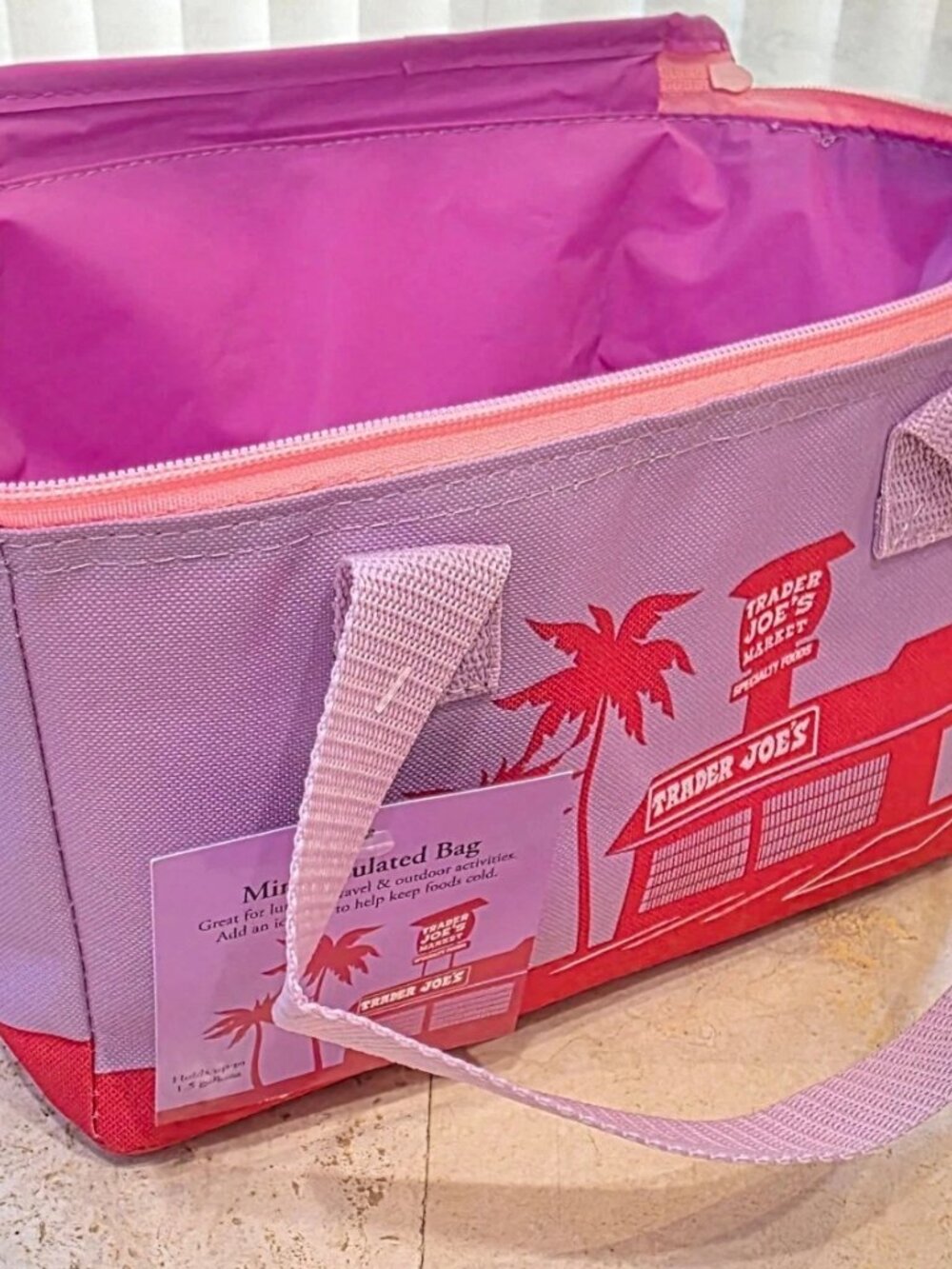 Trader Joe 2026 Mini Insulated Tote Summer Collection Violet Pink Zipper NWT - Picture 5 of 6
